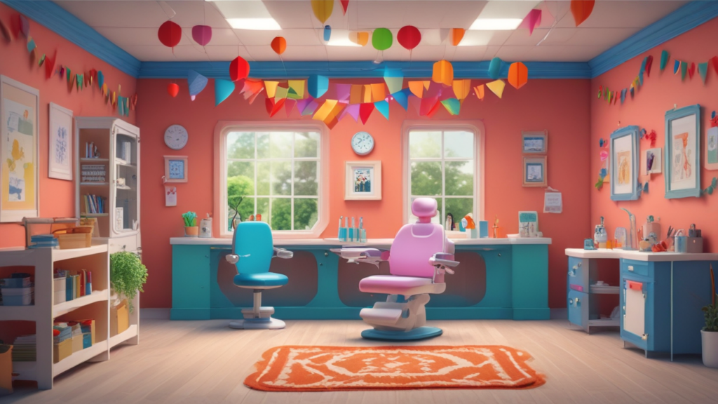 Colorful children's dentist office scene.